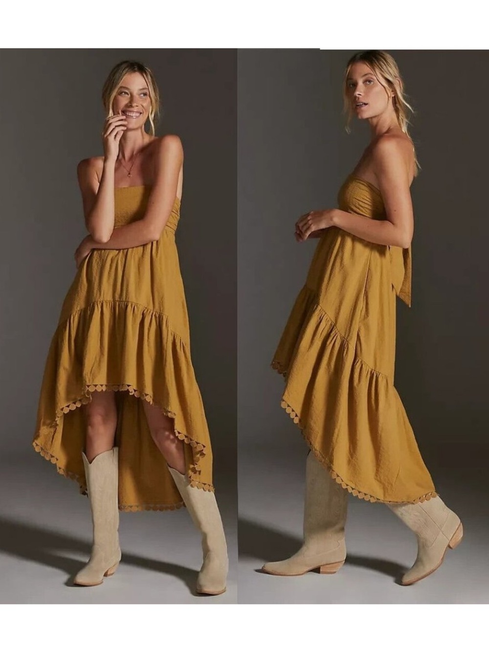Anthropologie Maeve High-Low Strapless Midi Dress Boho Mustard Size XS